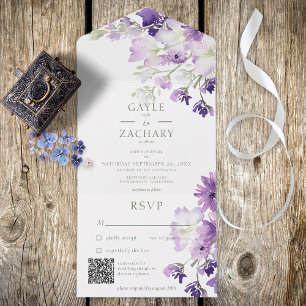 Invitation Tout En Un Boho pourpre Floral Blanc QR Code