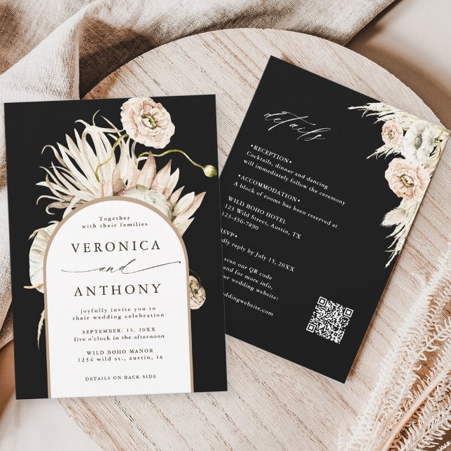 Invitation Tout en un Boho Protea Pampas Grass Mariage Noir (Créateur téléchargé)