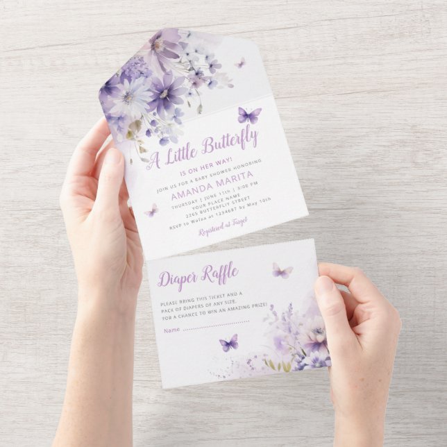 Invitation Tout En Un Boho Purple Floral Butterfly Girl Baby shower (Déchirure)