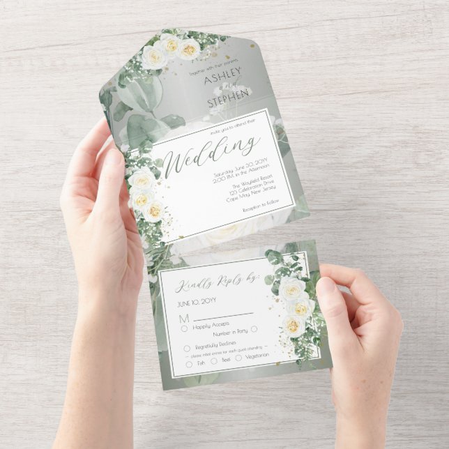 Invitation Tout En Un Boho Rose florale blanche | Eucalyptus Mariage (Déchirure)