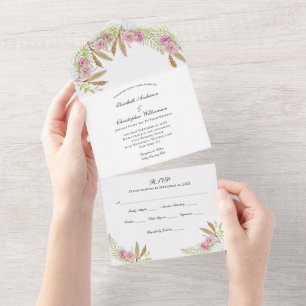 Invitation Tout En Un Boho rose vert Botanique Mariage floral