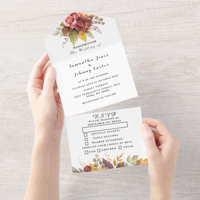 Invitation Tout En Un Boho Rouge Bourgogne Floral Script Mariage Élégant (Déchirure)