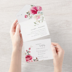 Invitation Tout En Un Boho Rouge Rose Fleurs Mariage d'aquarelle