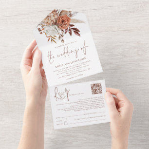 Invitation Tout En Un Boho rouille Flores écriture Brown QR