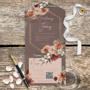 Invitation Tout En Un Boho Rust & Chute Neutre Floral Brown QR Code