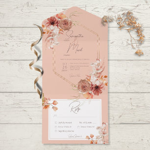 Invitation Tout En Un Boho Rust Fall Floral on Peach Dinner