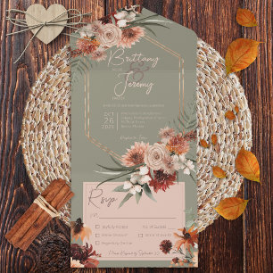 Invitation Tout En Un Boho Rust & Neutral Fall Floral Sage Green Diner