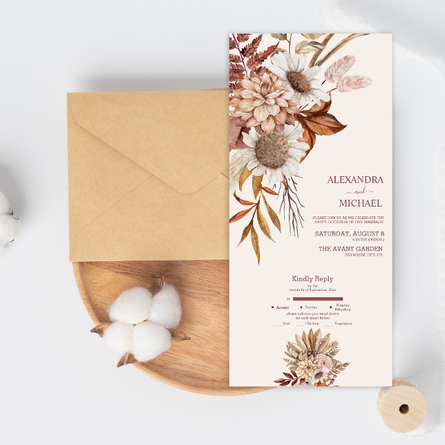 Invitation Tout En Un Boho Rust Terracotta séché Fan Fleurs Mariage Tous (Créateur téléchargé)