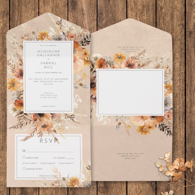 Invitation Tout En Un Boho Rustique Automne Pêche & Rust Dîner Floral (Rustic Boho Fall Peach & Rust Floral Dinner All In One Invitation)
