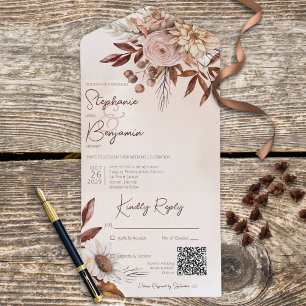 Invitation Tout En Un Boho Rustique Blush Neutral Floral Tan QR Code