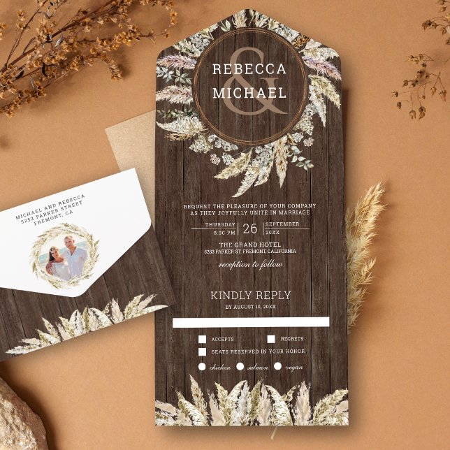 Invitation Tout En Un Boho Rustique Pampas Grass Wreath Grange Mariage e (Créateur téléchargé)