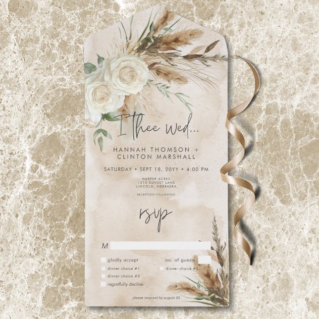 Invitation Tout En Un Boho Rustique Roses Blanches & Pampas Dîner Mariag (Boho Rustic White Roses & Pampas Wedding Dinner All In One Invitation)