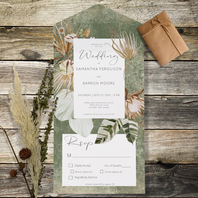 Invitation Tout En Un Boho Sage Green Floral Grass Dîner (Créateur téléchargé)