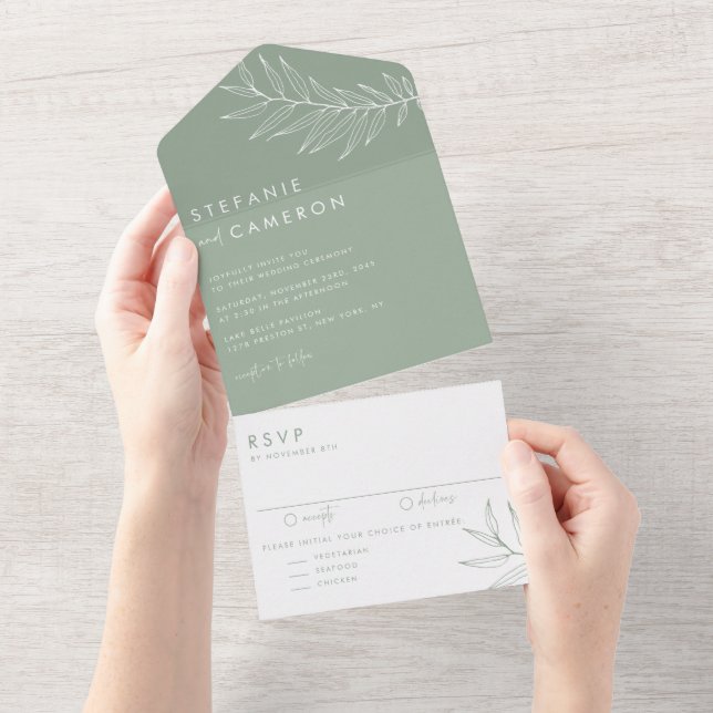 Invitation Tout En Un Boho Sage Green Minimalist Foliage Mariage (Déchirure)