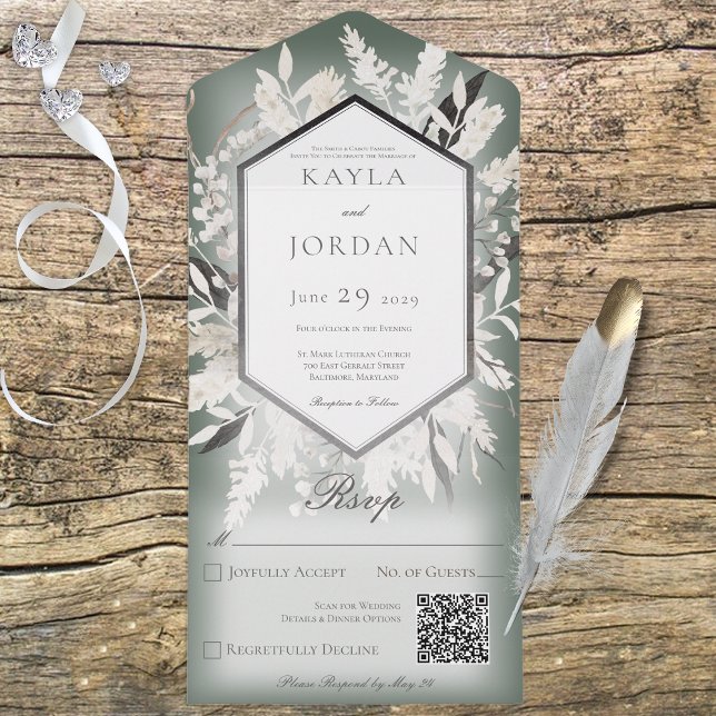 Invitation Tout En Un Boho séché Grass Wreath Sage vert QR Code (Créateur téléchargé)
