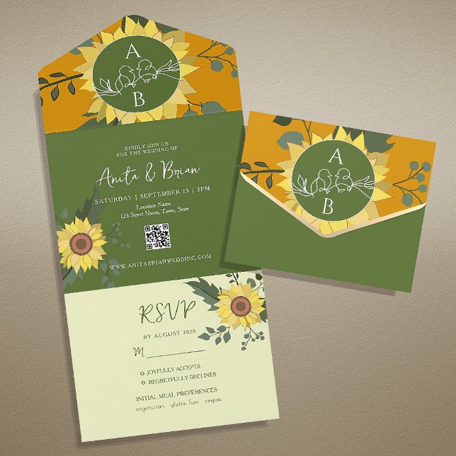 Invitation Tout En Un Boho Sunflower Mariage QR Code (Créateur téléchargé)