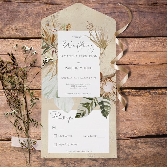 Invitation Tout En Un Boho Tan Floral Grass Pas De Dîner (Créateur téléchargé)