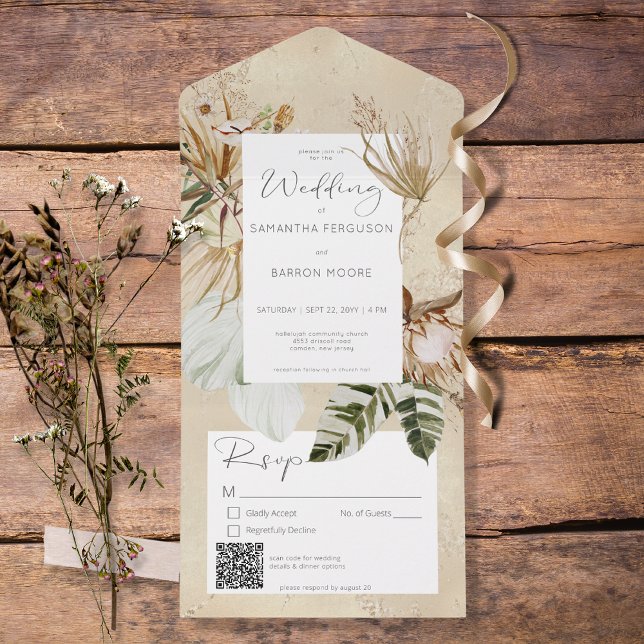 Invitation Tout En Un Boho Tan Floral Grass QR Code (Créateur téléchargé)