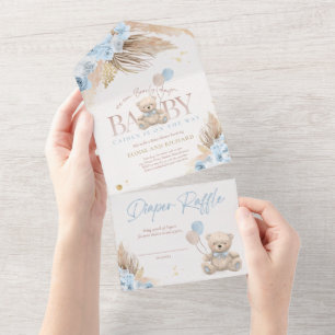 Invitation Tout En Un Boho Teddy Bear Boy Blue Bearly Wait Baby shower