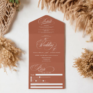 Invitation Tout En Un Boho terracotta élégant script calligraphie mariag