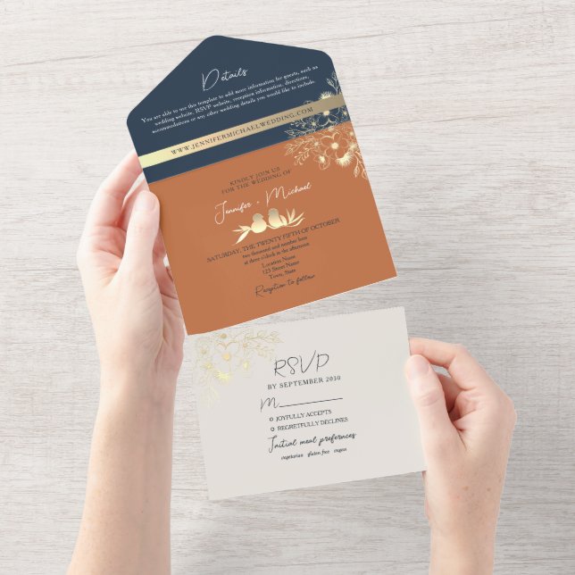 Invitation Tout En Un Boho Terracotta et Navy Blue Floral Mariage (Déchirure)
