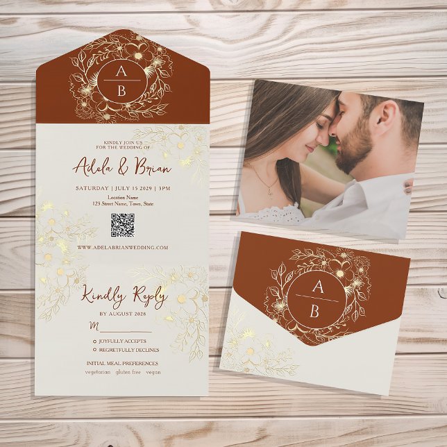 Invitation Tout En Un Boho Terracotta Floral Mariage (Créateur téléchargé)
