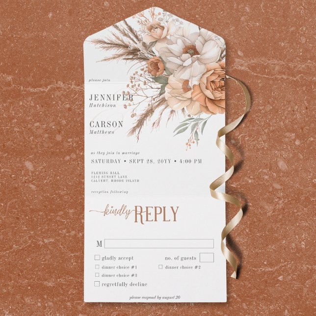 Invitation Tout En Un Boho Terracotta Pêche & Crème Floral Blanc Dîner (Boho Terracotta Peach & Cream Floral White Dinner All In One Invitation)