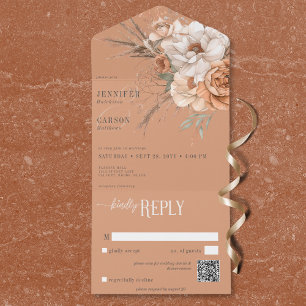 Invitation Tout En Un Boho Terracotta Pêche & Crème Floral QR Code