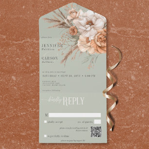 Invitation Tout En Un Boho Terracotta Pêche & Crème Floral Vert Code QR