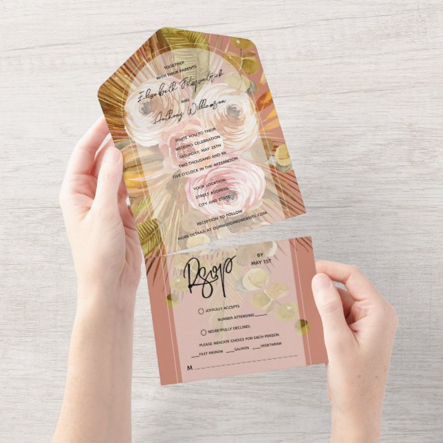 Invitation Tout En Un Boho Tropical Floral Arch Terracotta Mariage (Déchirure)
