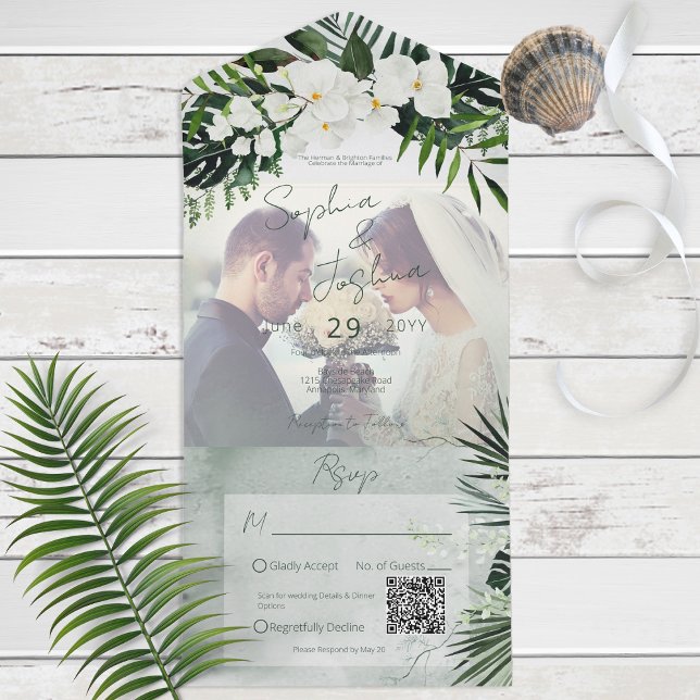 Invitation Tout En Un Boho Tropical Green Photo moderne QR Code (Créateur téléchargé)