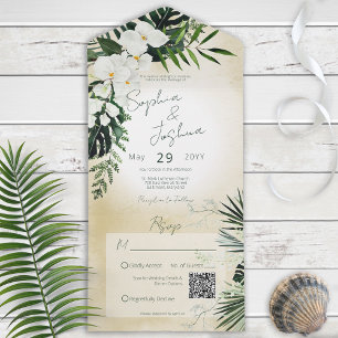 Invitation Tout En Un Boho Tropical Greenery Modern Sand QR Code