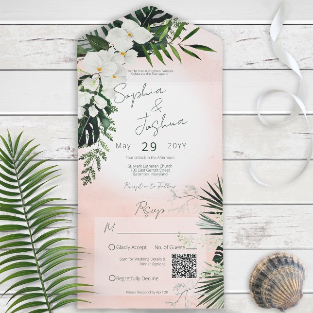 Invitation Tout En Un Boho Tropical Greenery Pink Blush QR Code (Créateur téléchargé)