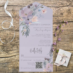 Invitation Tout En Un Boho violet rose et bleu lavande florale QR Code