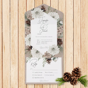 Invitation Tout En Un Boho Winter Blanc Floral & Pine Dîner Brown