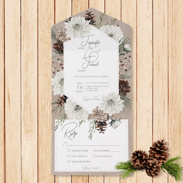 Invitation Tout En Un Boho Winter Blanc Floral & Pine Dîner Brown (Also available with a QR code or with dinner selection options.)