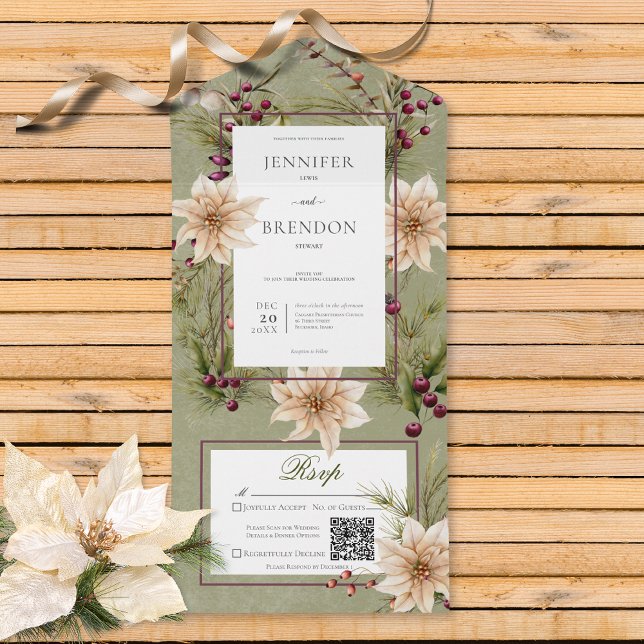 Invitation Tout En Un Boho Winter Greenerenergey Boughs Sage Green QR Co (Also available without a QR code; with or without dinner selection options.)