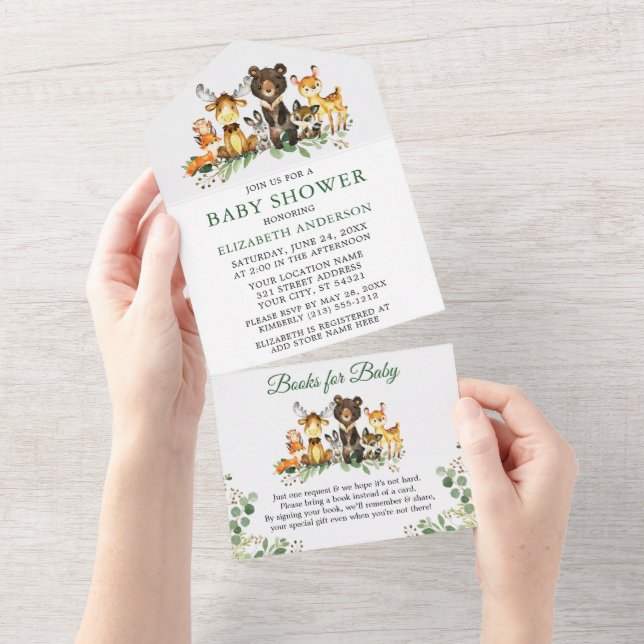 Invitation Tout En Un Bois Animaux Baby shower et livres (Déchirure)