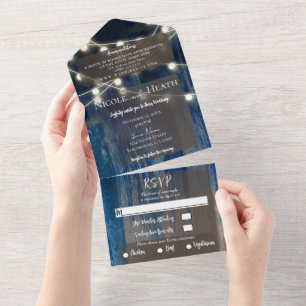 Invitation Tout En Un Bois bleu rustique et feux Mariage de grange