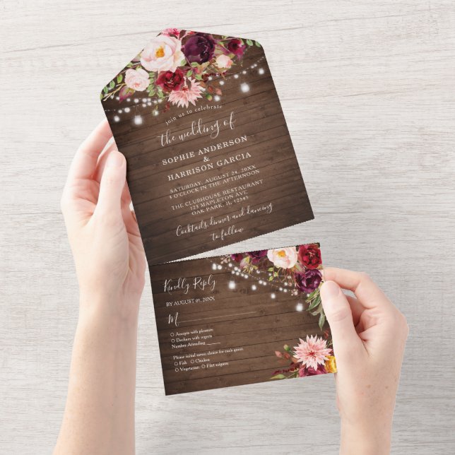 Invitation Tout En Un Bois Bourgogne Floral Lumières Rustique Mariage  (Déchirure)