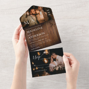 Invitation Tout En Un Bois de grange rustique Monogramme 2 Photo Mariage