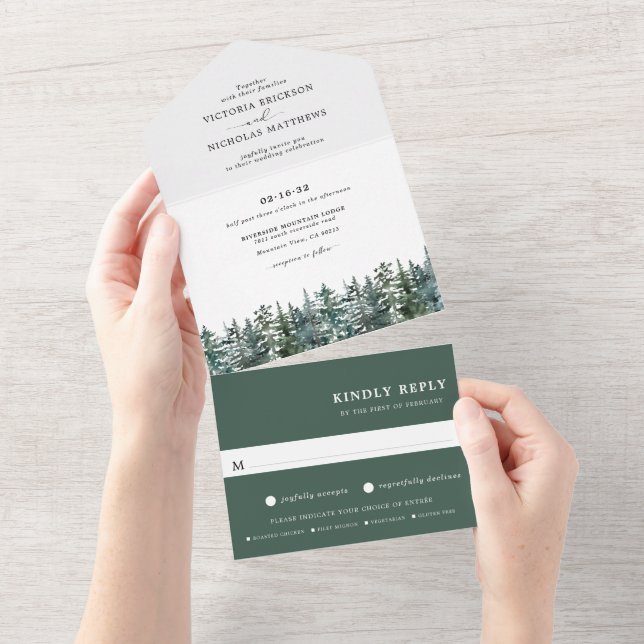 Invitation Tout En Un Bois | Mariage d'aquarelle d'hiver (Déchirure)