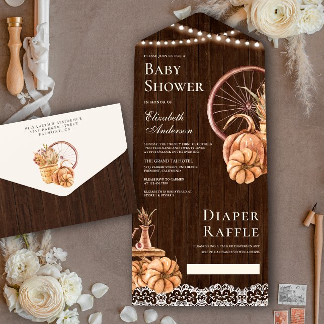 Invitation Tout En Un Bois rustique Automne Boho Boho Citrouille Baby sh (Créateur téléchargé)