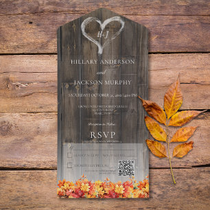 Invitation Tout En Un Bois rustique et feuilles d'automne Code QR