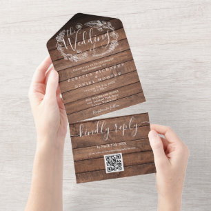 Invitation Tout En Un Bois rustique QR Code Monogramme Floral Mariage