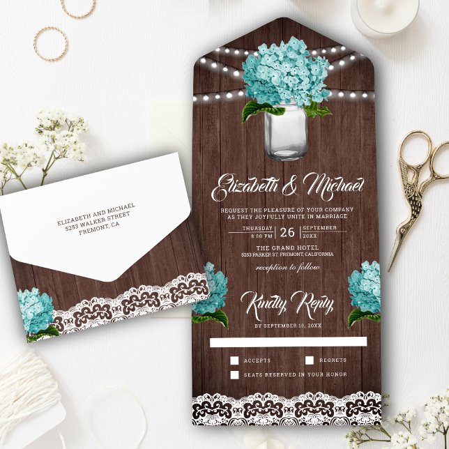 Invitation Tout En Un Bois rustique Turquoise Hydrangea Mason Jar Mariag (Créateur téléchargé)