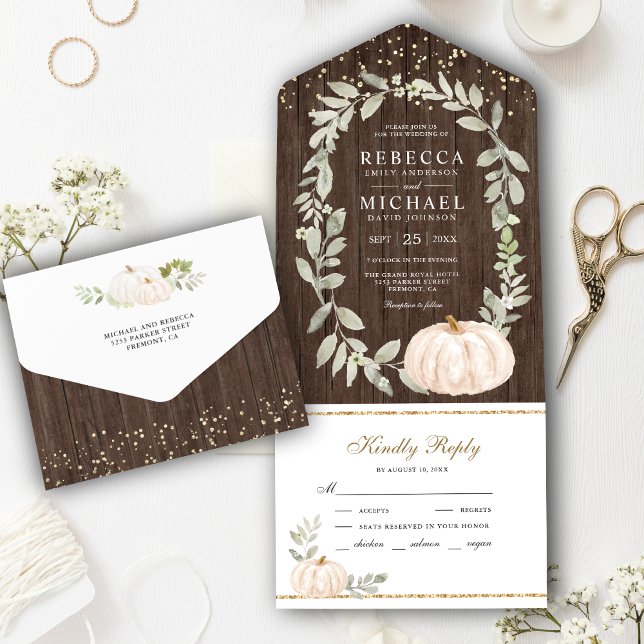Invitation Tout En Un Bois rustique vert Mariage de automne Citrouille b (Créateur téléchargé)