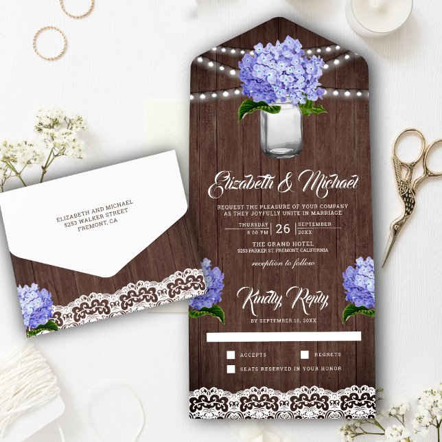 Invitation Tout En Un Bois rustique violet Hydrangea Mason Jar Mariage (Créateur téléchargé)