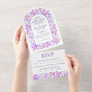 Invitation Tout En Un Bordure de feuilles et de baies mariage pourpre