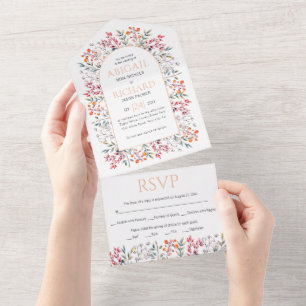 Invitation Tout En Un Bordure des feuilles et mariage de pêche aux baies